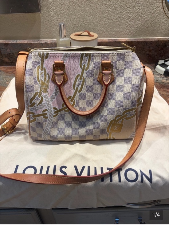 Louis Vuitton Handbags - Louis Vuitton Damier Azur Satchel with Tan Leather Trim and Gold Chain Motif